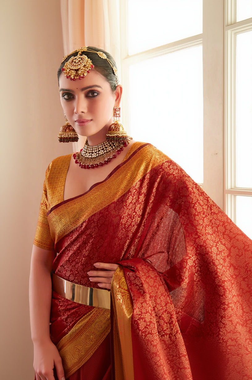 Phenomenal Red Kanjivaram Silk Saree With Appealing Blouse Piece