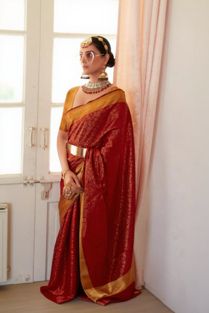 Phenomenal Red Kanjivaram Silk Saree With Appealing Blouse Piece