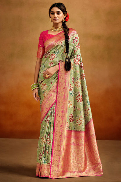 Pleasurable Green Kalamkari Printed Saree With Charismatic Blouse Piece