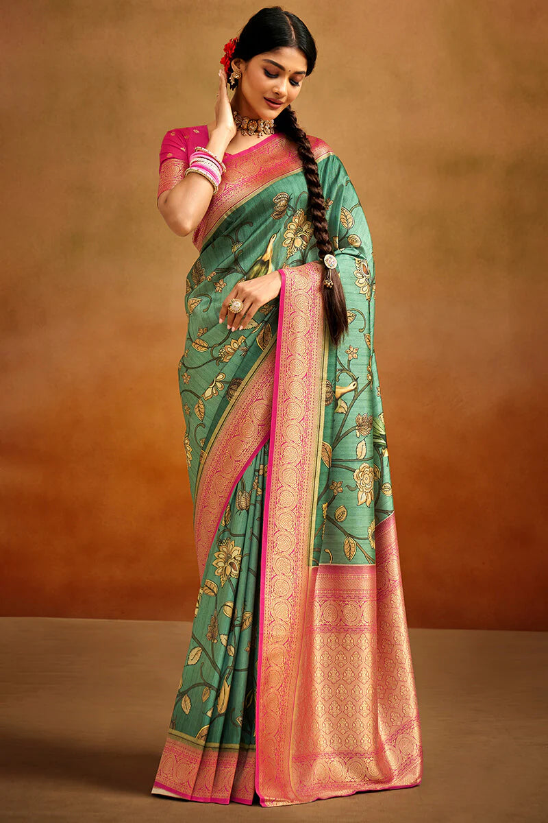 Pleasurable Green Kalamkari Printed Saree With Charismatic Blouse Piece