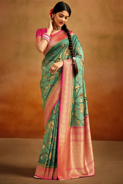 Pleasurable Green Kalamkari Printed Saree With Charismatic Blouse Piece