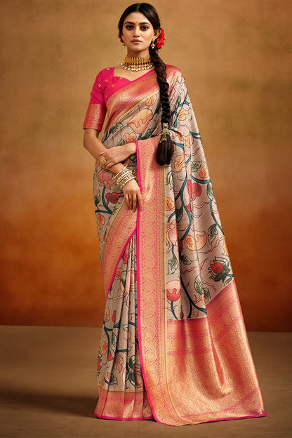 Pleasurable Green Kalamkari Printed Saree With Charismatic Blouse Piece