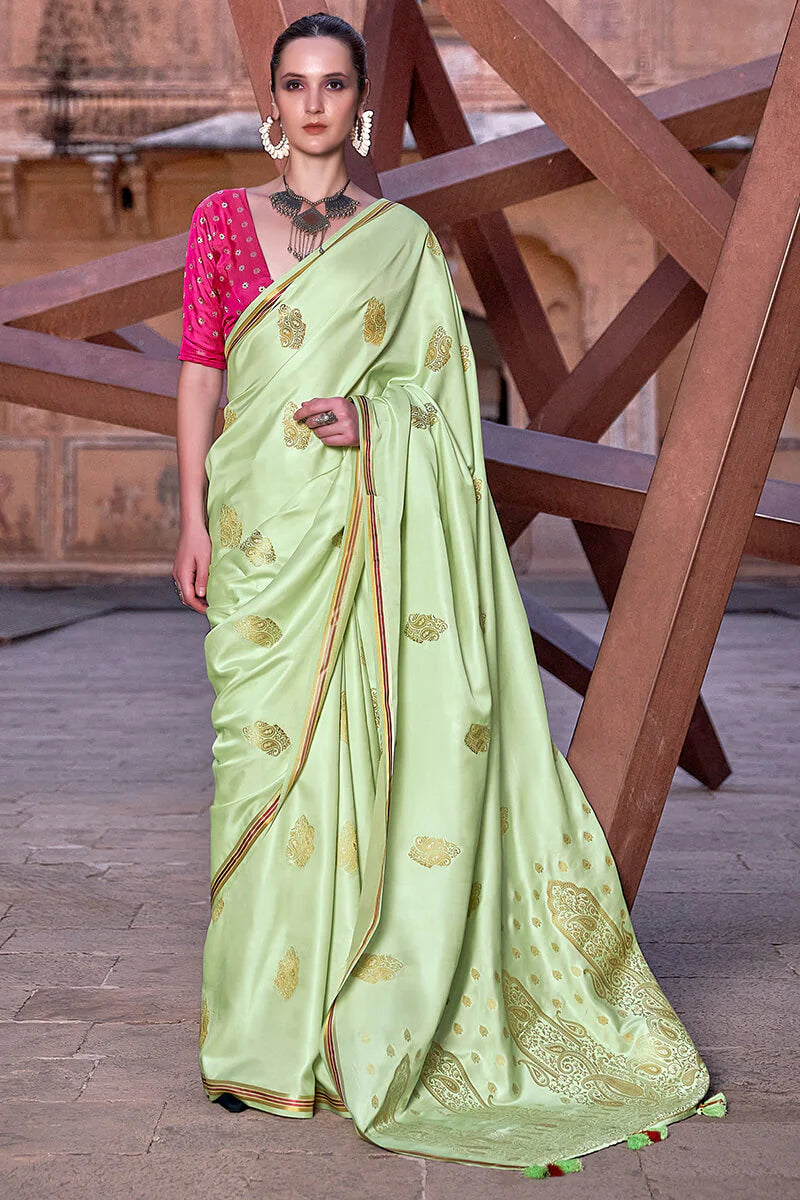 Lagniappe Pista Soft Banarasi Silk Saree With Lissome Blouse Piece