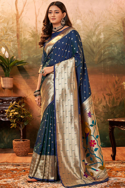 Prominent Dark Green Paithani Silk Saree With Ethnic Blouse Piece