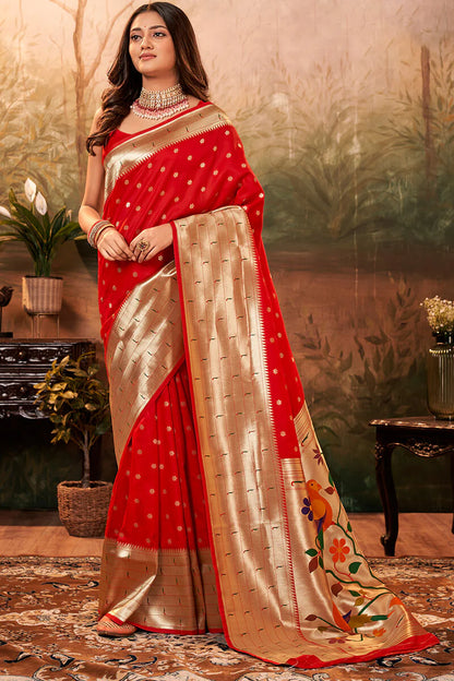 Prominent Dark Green Paithani Silk Saree With Ethnic Blouse Piece
