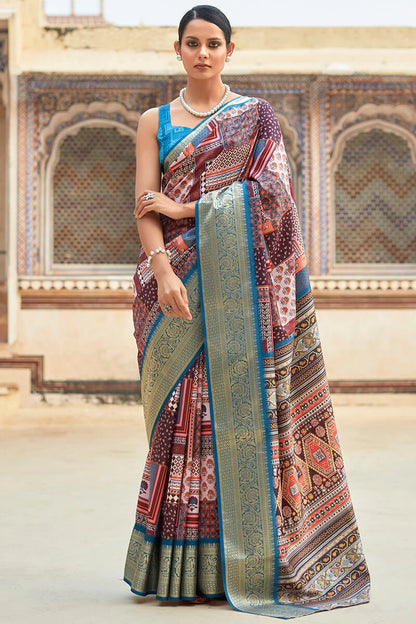 Gratifying Wine Digital Printed Dola Silk Saree With Supernal Blouse Piece