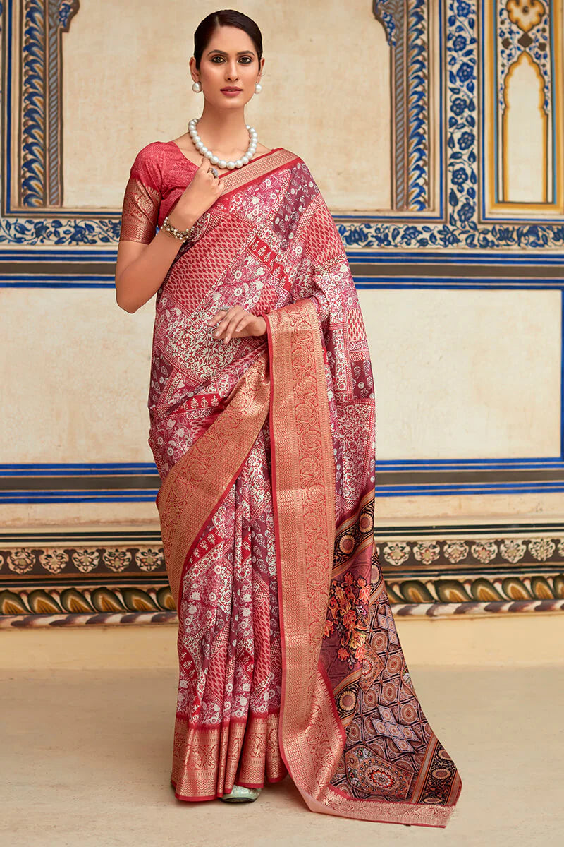 Gratifying Wine Digital Printed Dola Silk Saree With Supernal Blouse Piece