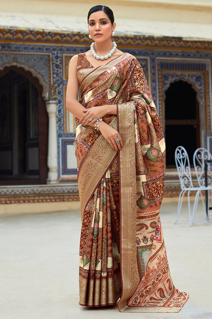 Gratifying Wine Digital Printed Dola Silk Saree With Supernal Blouse Piece