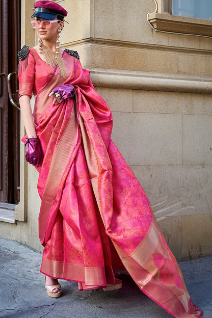 Stylish Dark Pink Organza Silk Saree With Smart Blouse Piece
