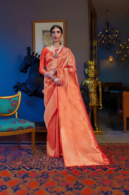 Woman in a peach saree with intricate patterns standing in an ornate room.