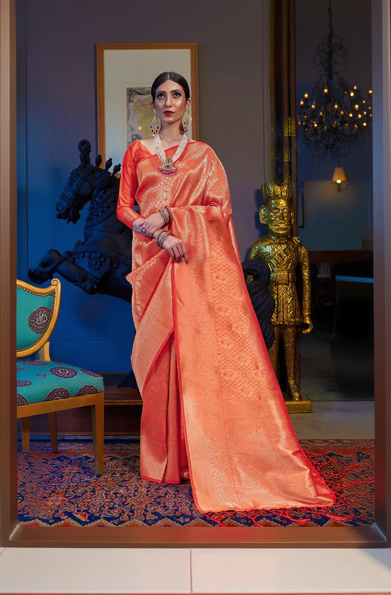 Amazing Orange Kanjivaram Silk Saree With Girlish Blouse Piece