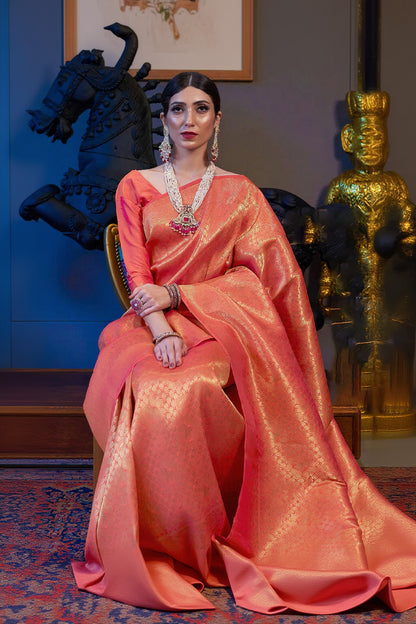 Amazing Orange Kanjivaram Silk Saree With Girlish Blouse Piece