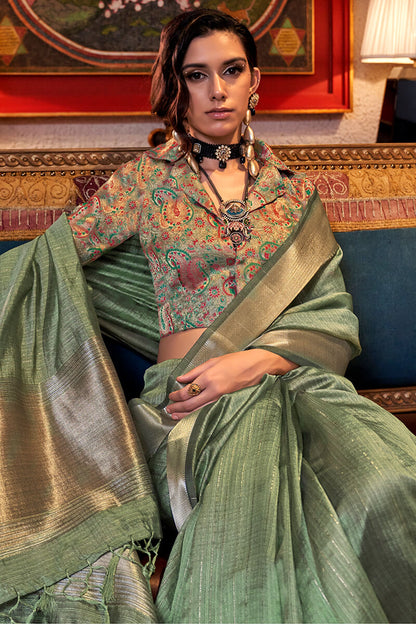 Prettiest Pista Soft Banarasi Silk Saree With Excellent Blouse Piece