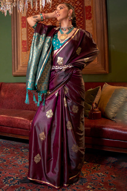 Precious Wine Banarasi Satin Silk Saree With Amazing Blouse