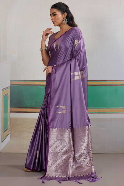 Staring Lavender Banarasi Satin Silk Saree With Desiring Blouse