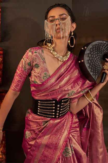 Arresting Dark Pink Soft Banarasi Silk Saree With Hypnotic Blouse Piece