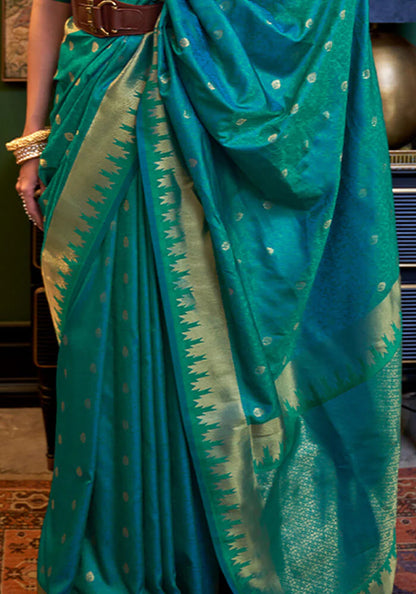 Angelic Rama Soft Banarasi Silk Saree With Bucolic Blouse Piece