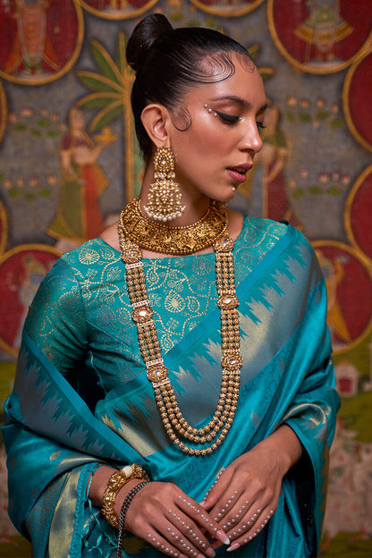 Seraglio Firozi Soft Banarasi Silk Saree With Palimpsest Blouse Piece