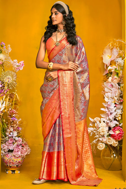 Flattering Brown Kanjivaram Silk Saree With Enchanting Blouse Piece