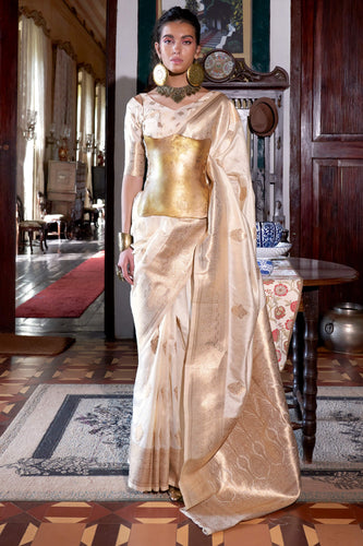 Most Stunning Beige Soft Banarasi Silk Saree With Excellent Blouse Piece