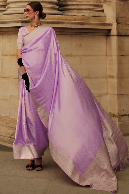 Prettiest Lavendor Soft Banarasi Silk Saree With Panache Blouse Piece