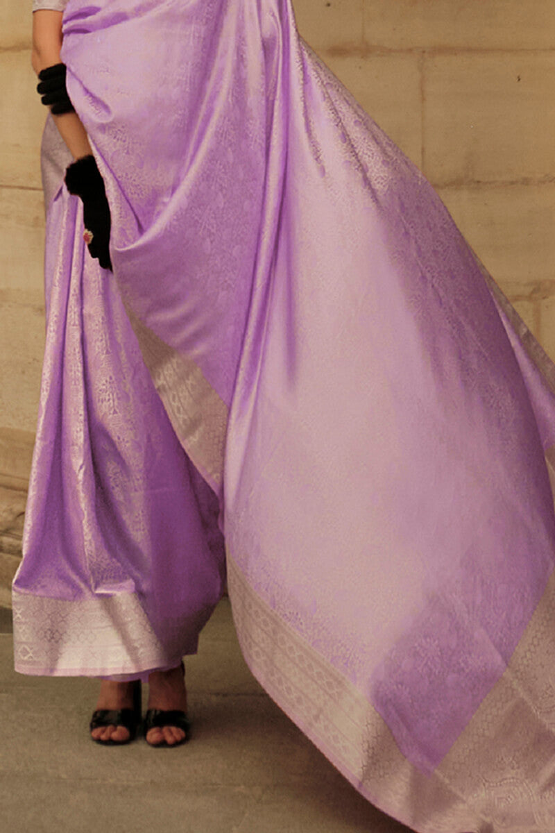 Prettiest Lavendor Soft Banarasi Silk Saree With Panache Blouse Piece
