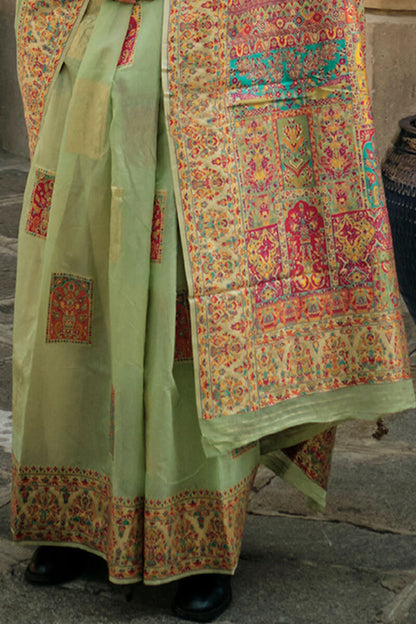 Quintessential Pista Pashmina saree With Alluring Blouse Piece