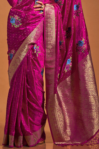 Excellent Dark Pink Banarasi Satin Silk Saree With Efflorescence Blouse