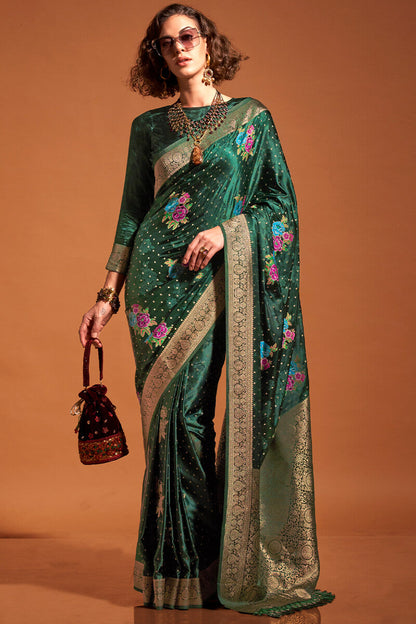 Propinquity Dark Green Banarasi Satin Silk Saree With Susurrous Blouse