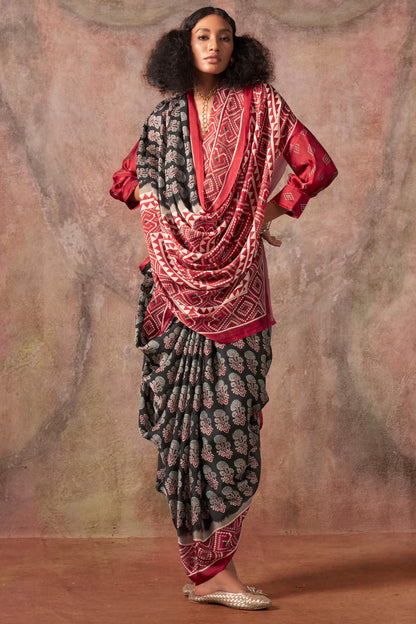 Desuetude Black Ajrakh Printed Satin Silk Saree With Glorious Blouse Piece