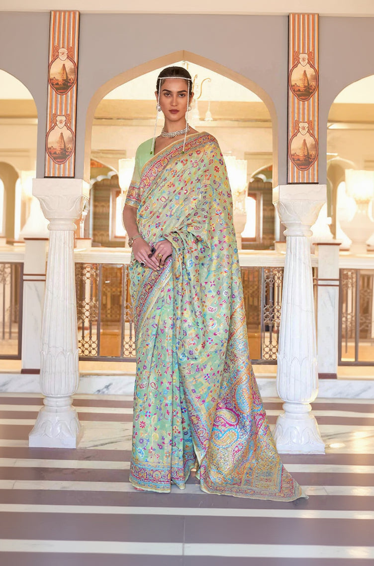 Mesmeric Pista Pashmina saree With Hypnotic Blouse Piece