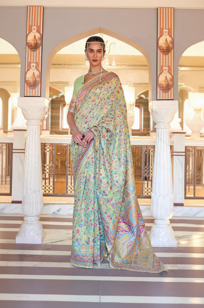 Mesmeric Pista Pashmina saree With Hypnotic Blouse Piece