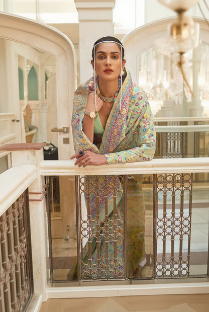 Mesmeric Pista Pashmina saree With Hypnotic Blouse Piece