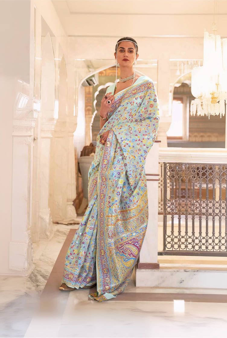 Mesmeric Pista Pashmina saree With Hypnotic Blouse Piece
