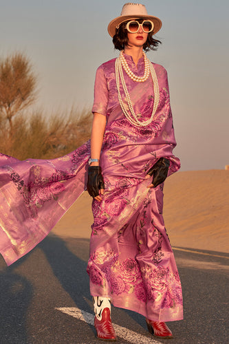 Amiable Purple Digital Printed Tussar Silk Saree With Seraglio Blouse Piece