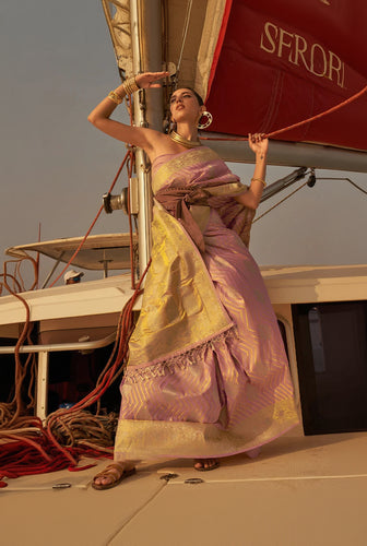 Ailurophile Baby Pink Soft Banarasi Silk Saree With Stunner Blouse Piece
