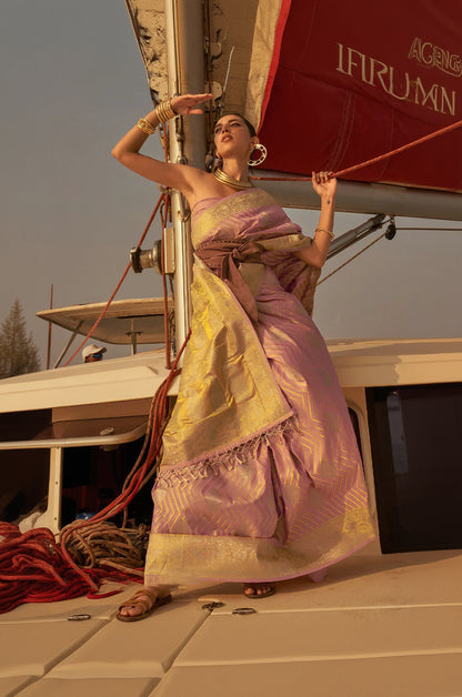 Ailurophile Baby Pink Soft Banarasi Silk Saree With Stunner Blouse Piece