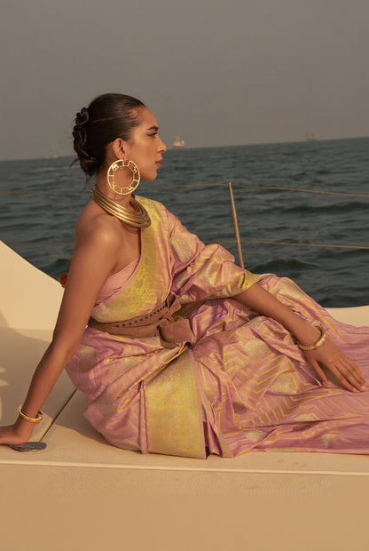 Ailurophile Baby Pink Soft Banarasi Silk Saree With Stunner Blouse Piece