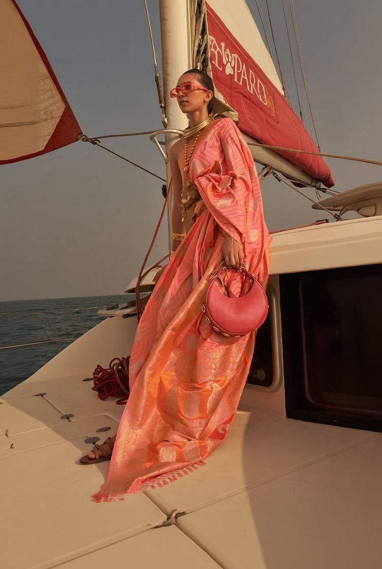 Ailurophile Baby Pink Soft Banarasi Silk Saree With Stunner Blouse Piece