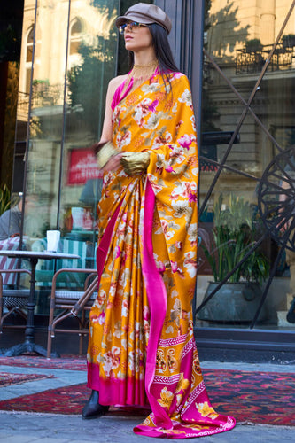 Bucolic Yellow Digital Printed Satin Silk Saree With Cynosure Blouse Piece