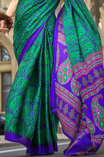 Surreptitious Green and Purple Digital Printed Satin Silk Saree With Denouement Blouse Piece