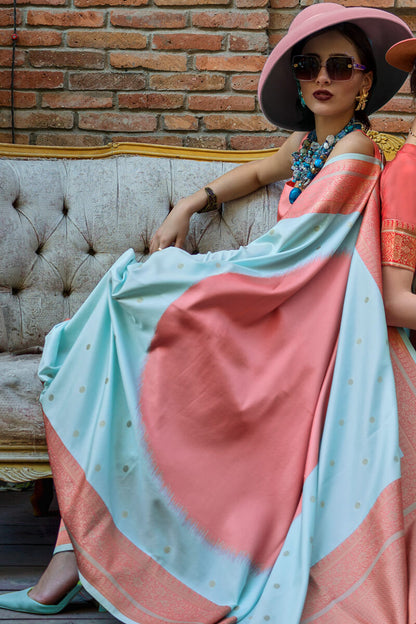 Surpassing Sky Soft Banarasi Silk Saree With Groovy Blouse Piece