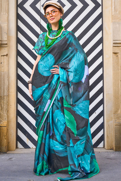Surpassing Black Digital Printed Satin Silk Saree With Desiring Blouse Piece