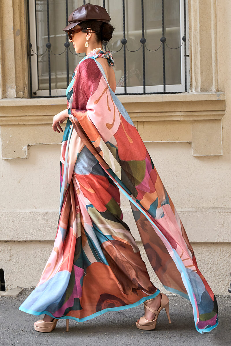 Fairytale Multicolor Digital Printed Satin Silk Saree With Stunner Blouse Piece