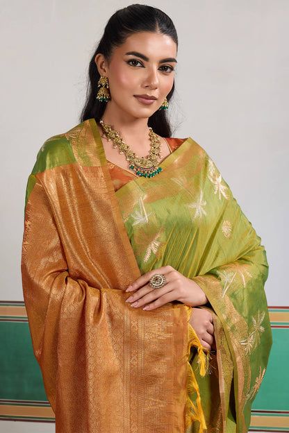 Deserving Green Banarasi Tussar Silk Saree With Magnificat Blouse Piece