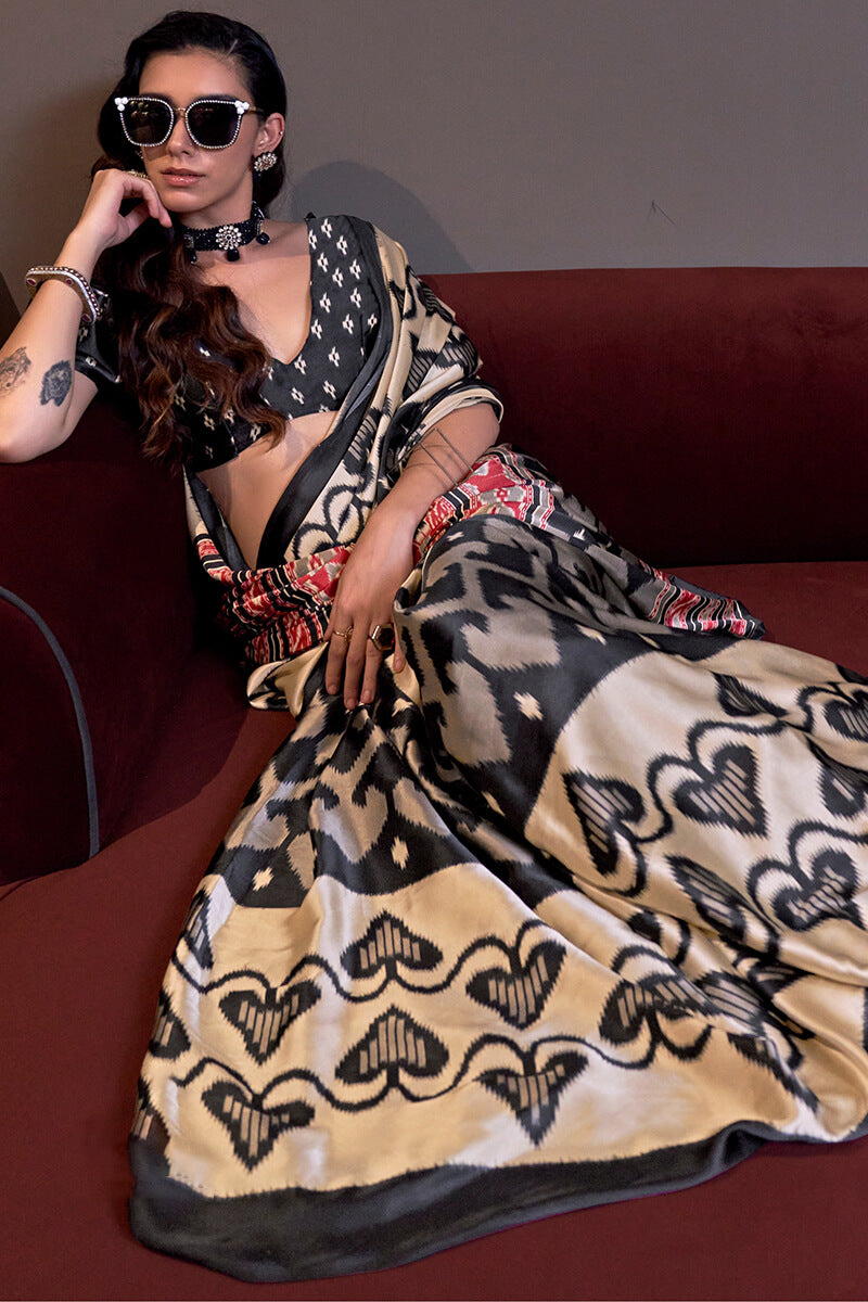 Chatoyant Beige and Black Digital Printed Satin Silk Saree With Comely Blouse Piece