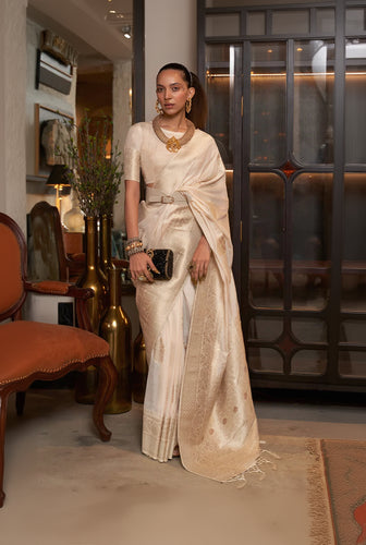 Ravishing Beige Soft Banarasi Silk Saree With Twirling Blouse Piece