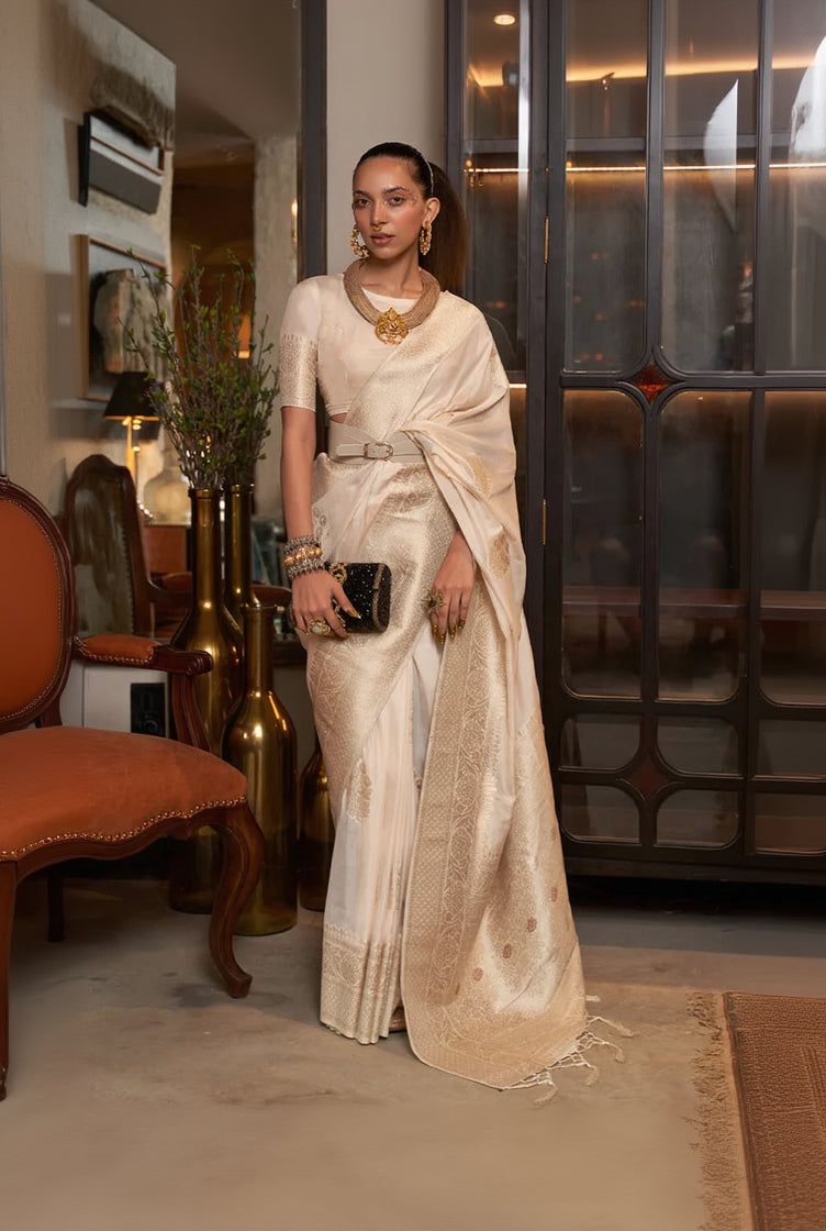 Ravishing Beige Soft Banarasi Silk Saree With Twirling Blouse Piece