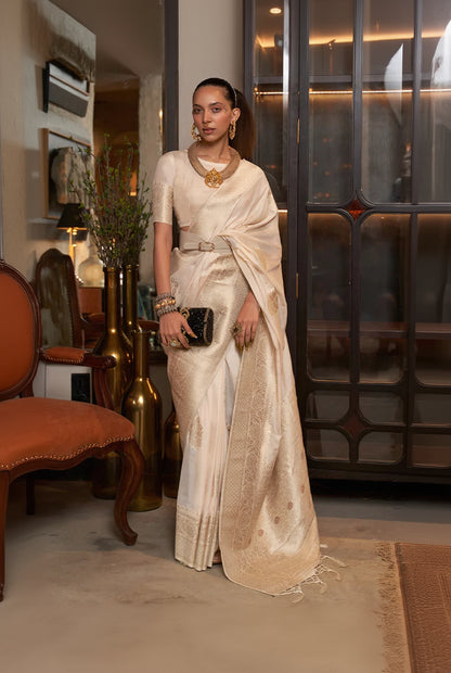 Ravishing Beige Soft Banarasi Silk Saree With Twirling Blouse Piece
