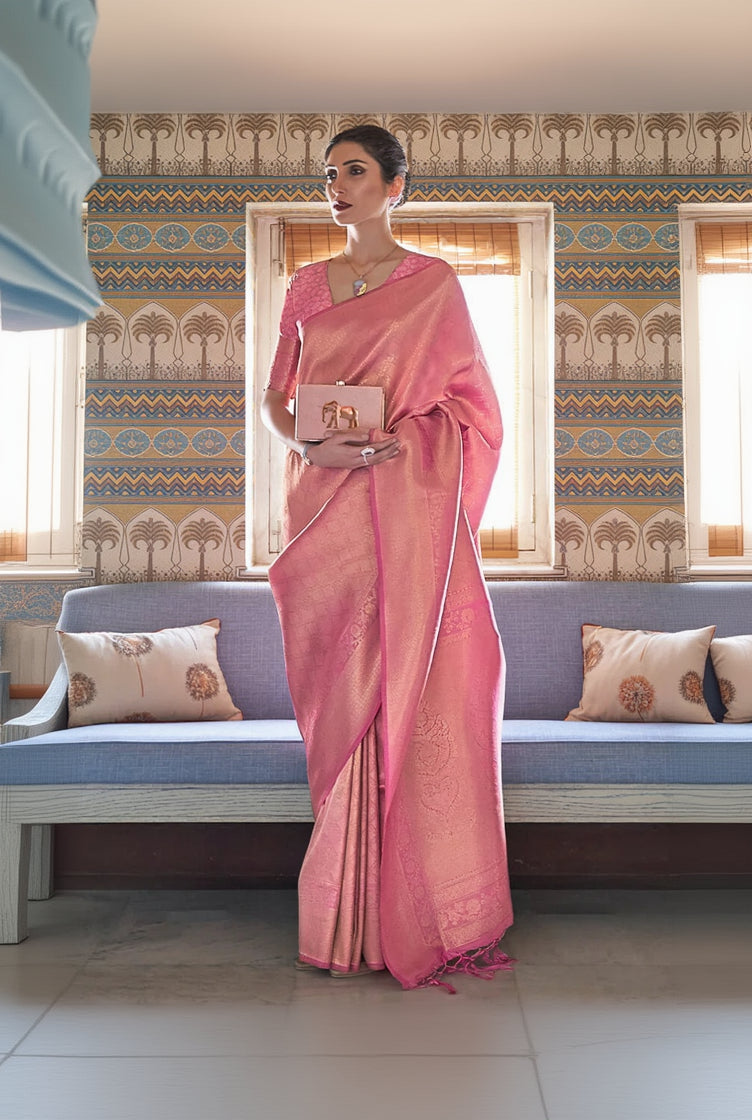 Lovely Pink Kanjivaram Silk Saree With Mesmerising Blouse Piece